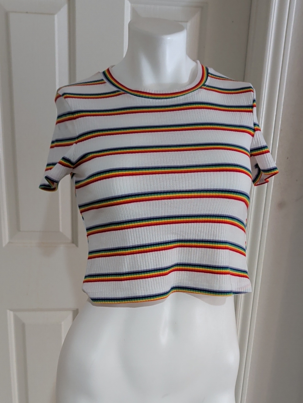 Shasa White Ribbed Crop Top with Rainbow Stripes Women's Small